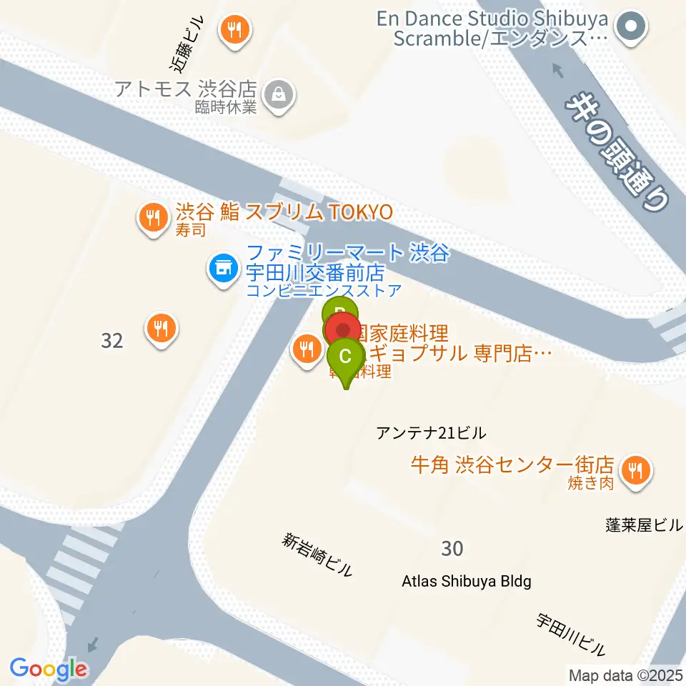 渋谷Club Malcolm周辺のファミレス・ファーストフード一覧地図