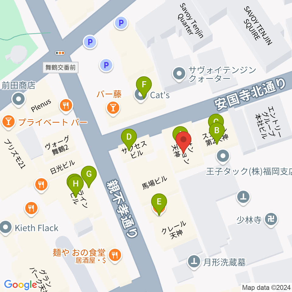 福岡ゴンスタジオ周辺のファミレス・ファーストフード一覧地図