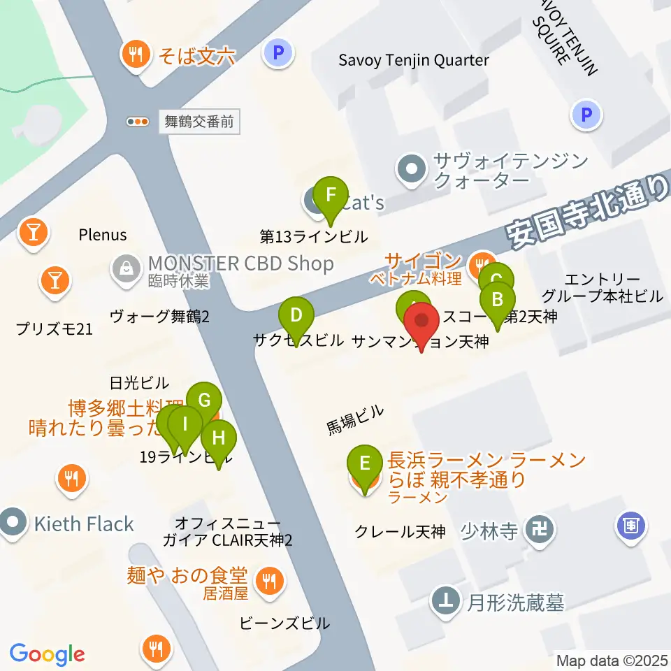 福岡ゴンスタジオ周辺のファミレス・ファーストフード一覧地図