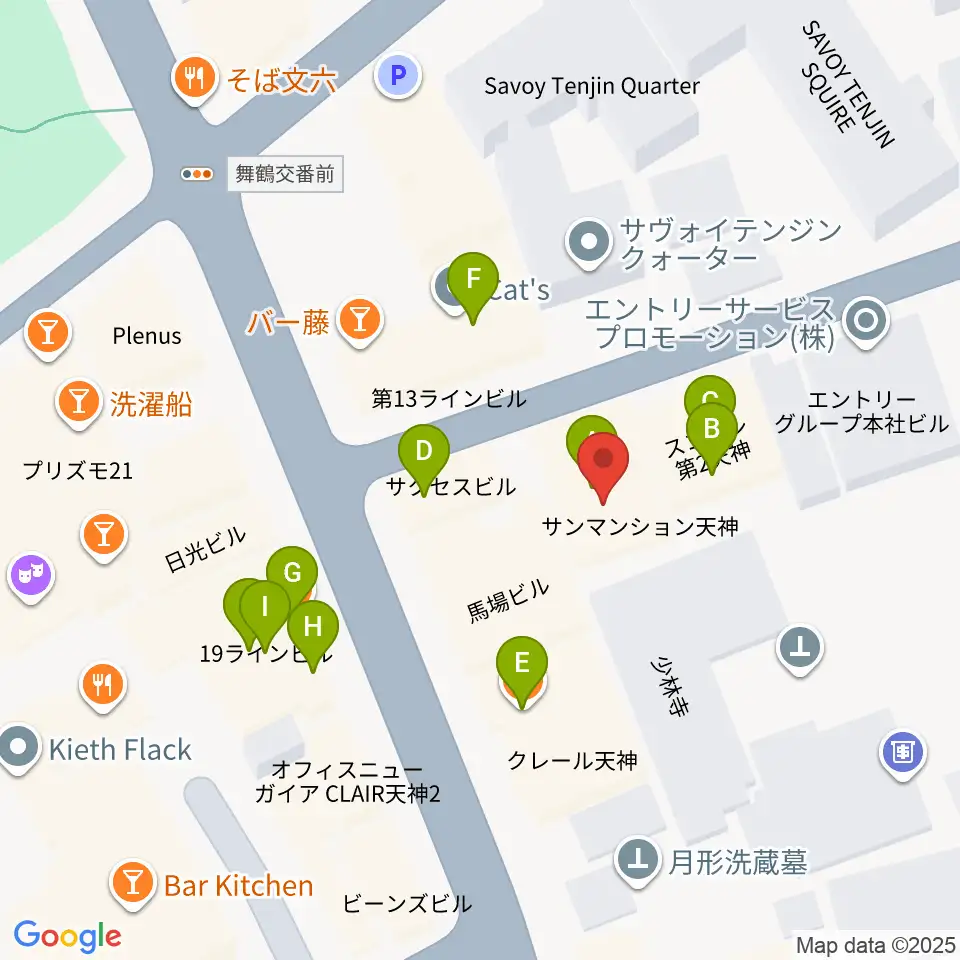 福岡ゴンスタジオ周辺のファミレス・ファーストフード一覧地図
