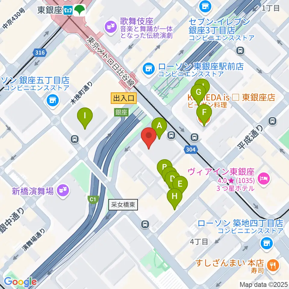 東劇周辺のファミレス・ファーストフード一覧地図