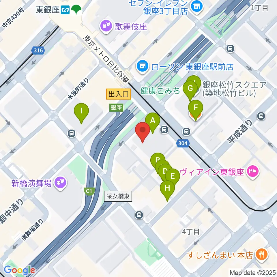 東劇周辺のファミレス・ファーストフード一覧地図