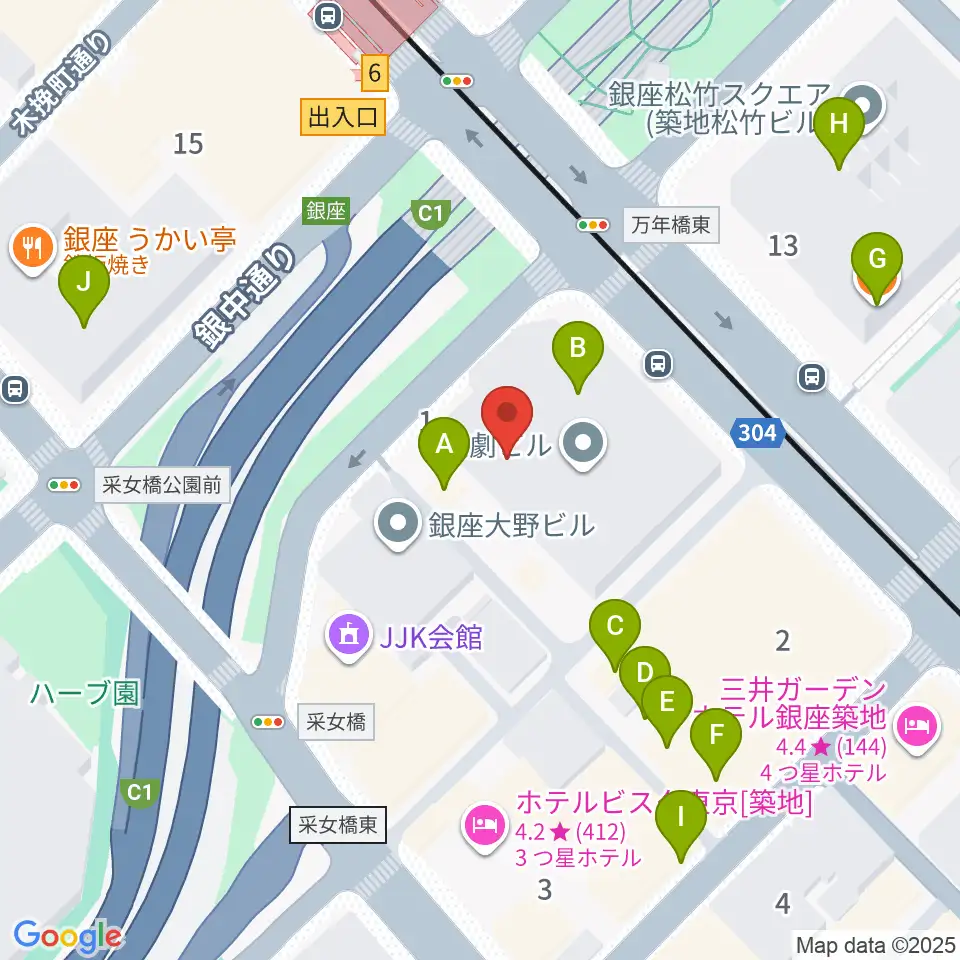東劇周辺のファミレス・ファーストフード一覧地図