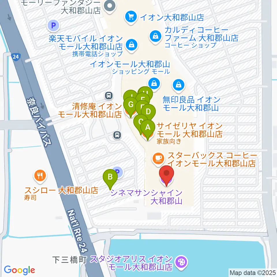 シネマサンシャイン大和郡山周辺のファミレス・ファーストフード一覧地図