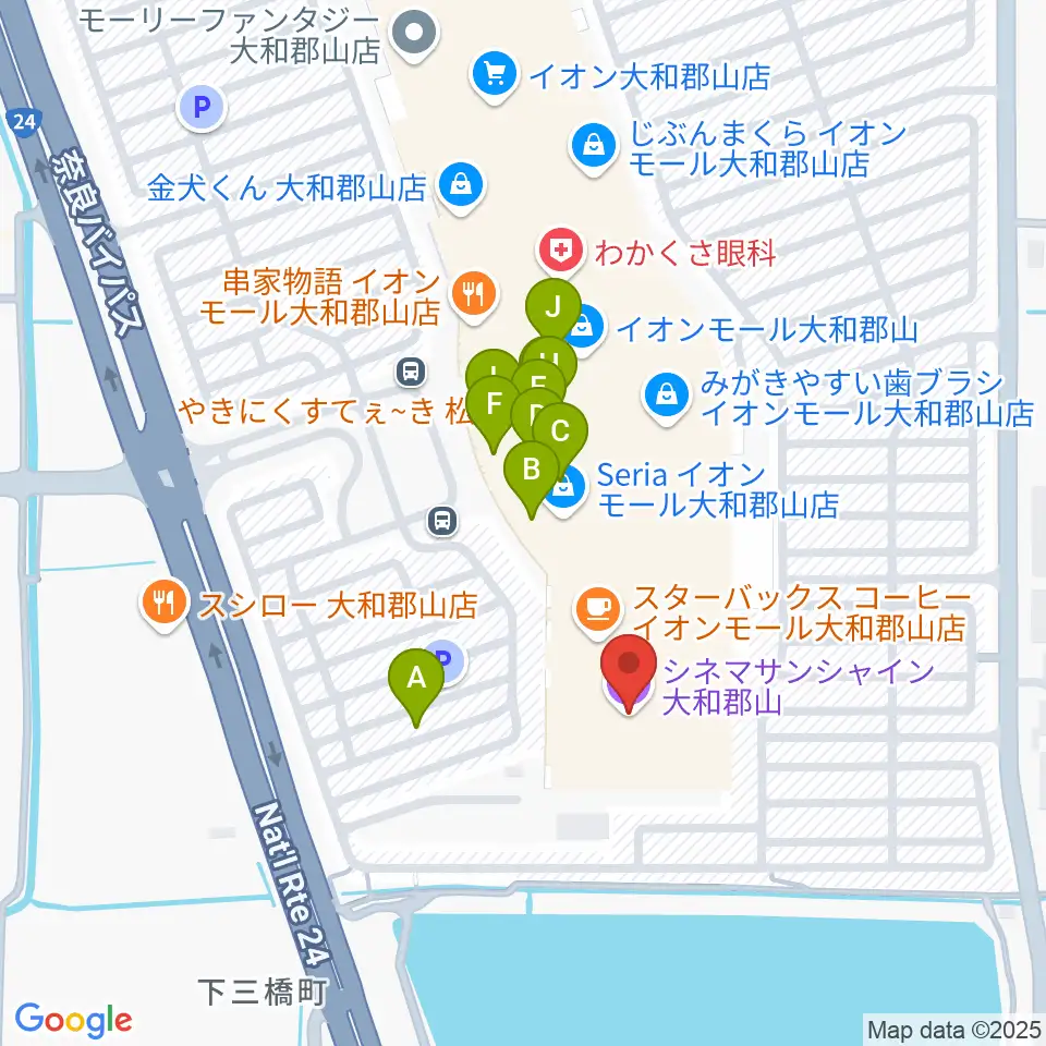 シネマサンシャイン大和郡山周辺のファミレス・ファーストフード一覧地図