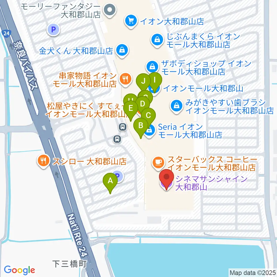 シネマサンシャイン大和郡山周辺のファミレス・ファーストフード一覧地図