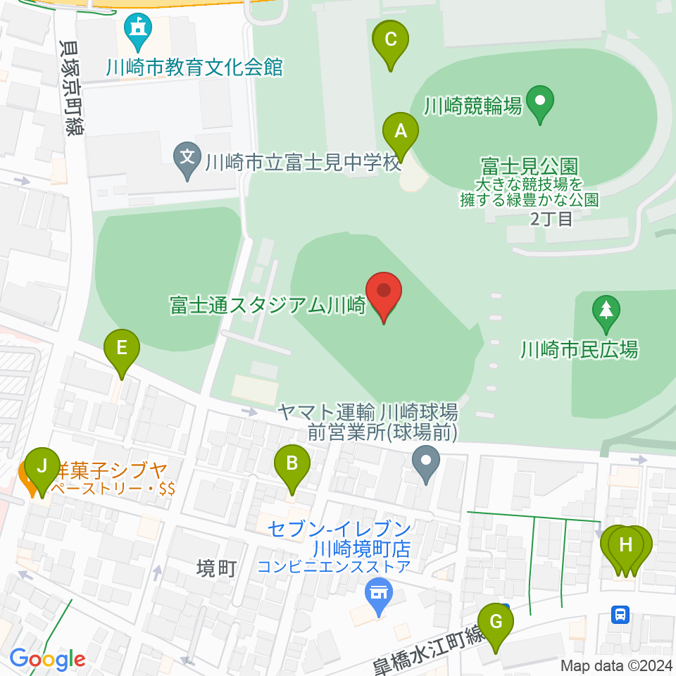 富士通スタジアム川崎周辺のファミレス・ファーストフード一覧地図