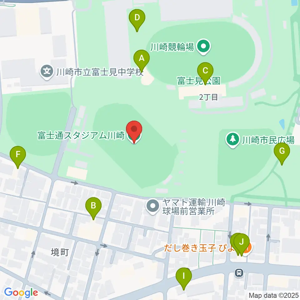 富士通スタジアム川崎周辺のファミレス・ファーストフード一覧地図
