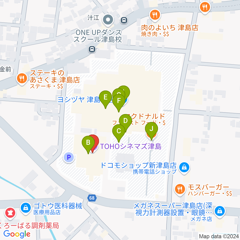 TOHOシネマズ津島周辺のファミレス・ファーストフード一覧地図