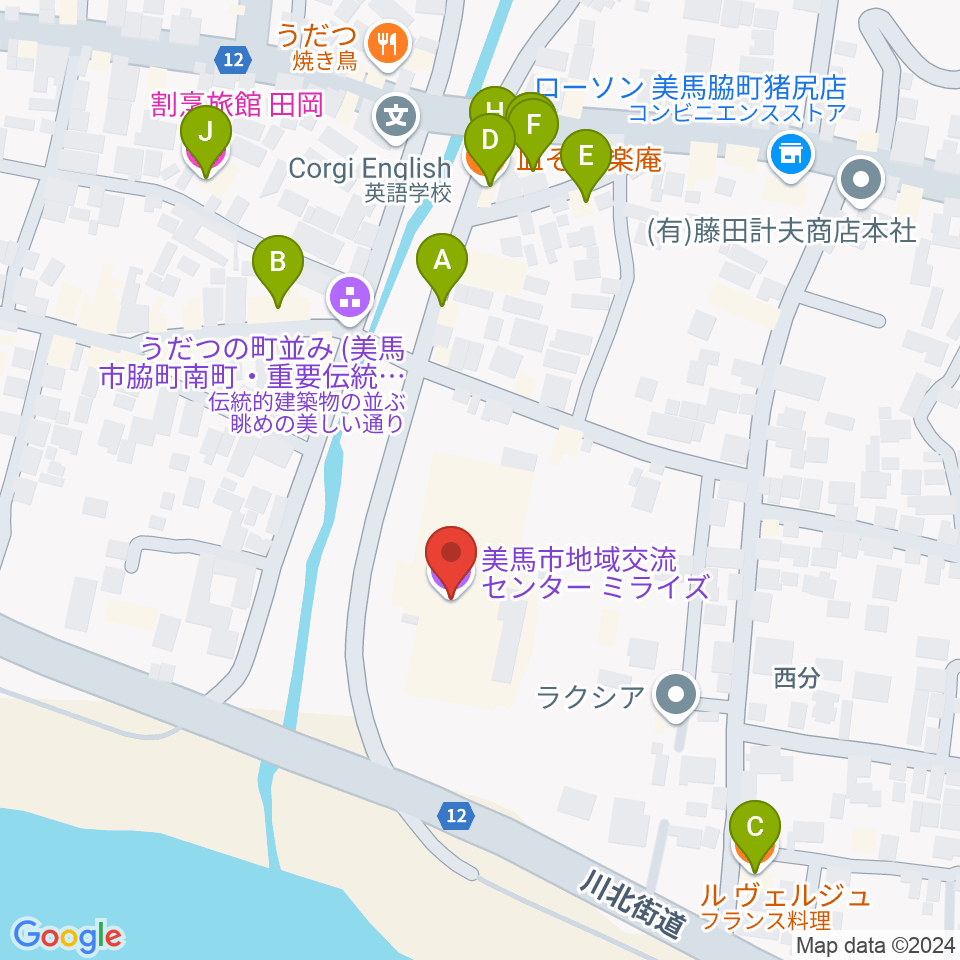 美馬市地域交流センター ミライズ周辺のファミレス・ファーストフード一覧地図