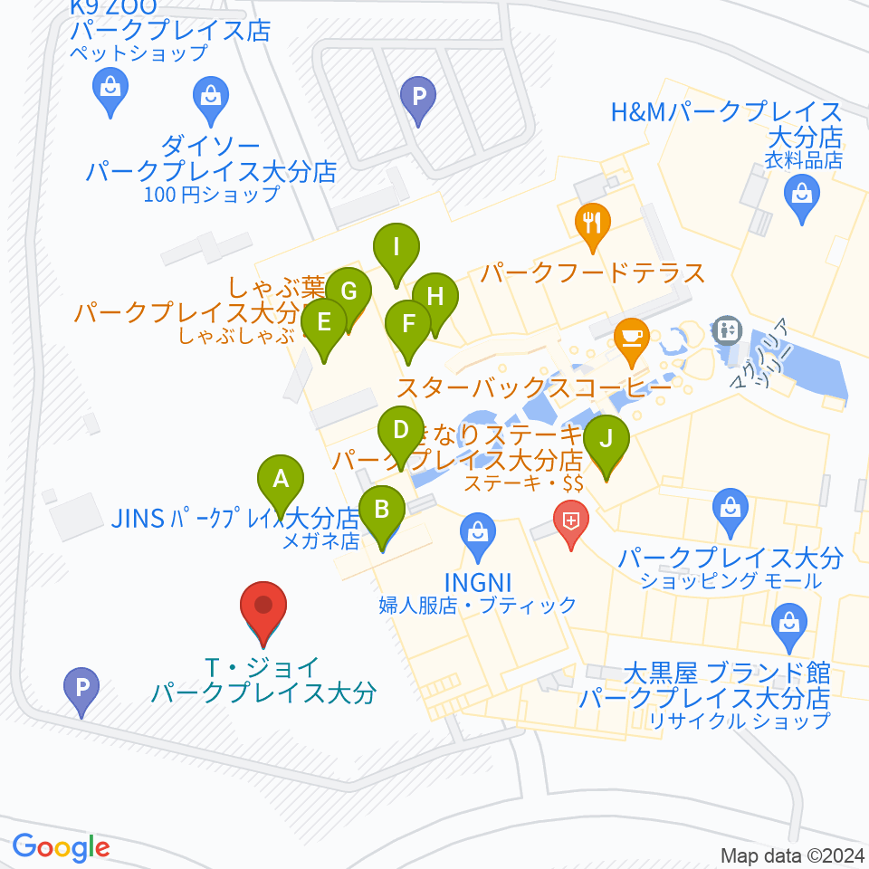 T・ジョイパークプレイス大分周辺のファミレス・ファーストフード一覧地図