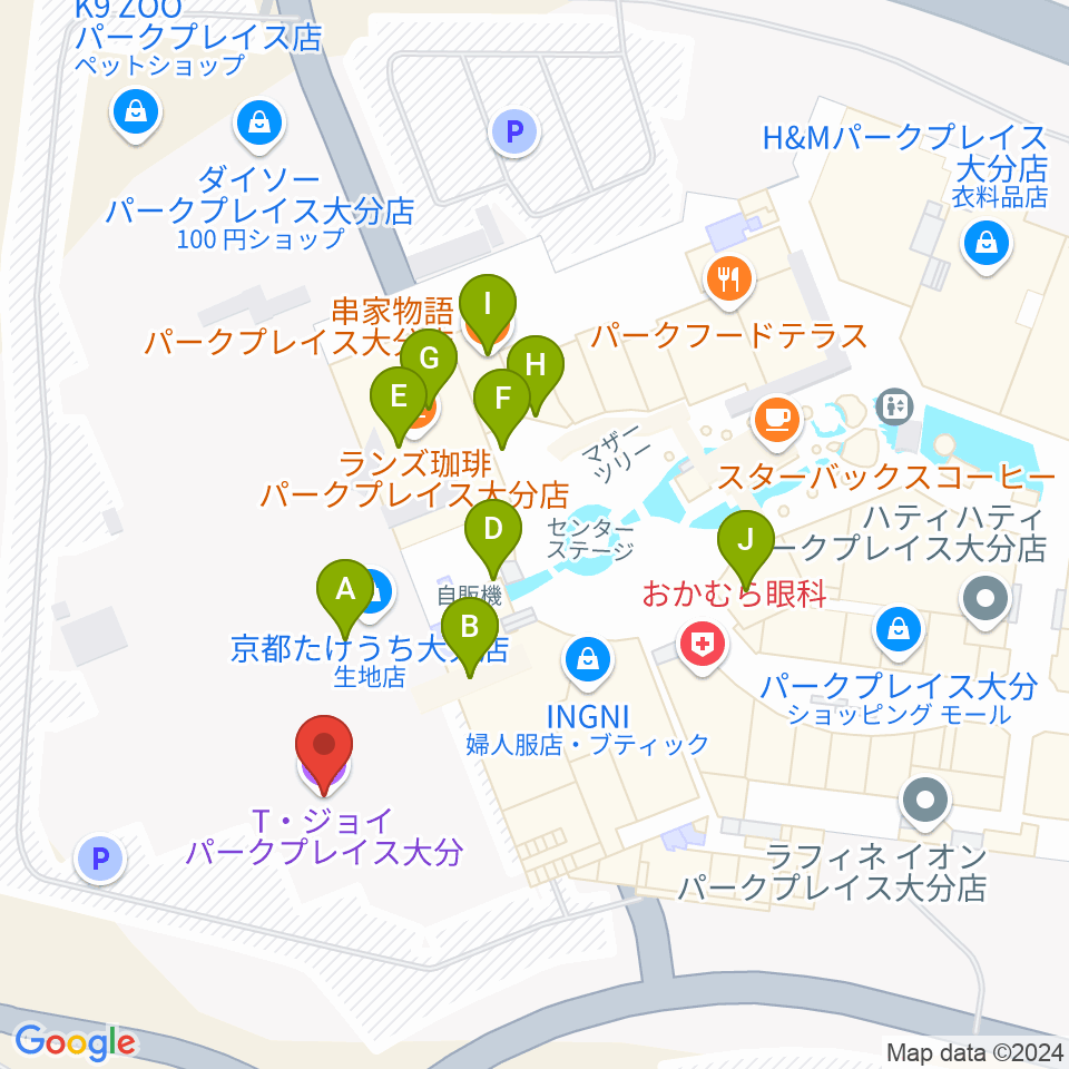 T・ジョイパークプレイス大分周辺のファミレス・ファーストフード一覧地図