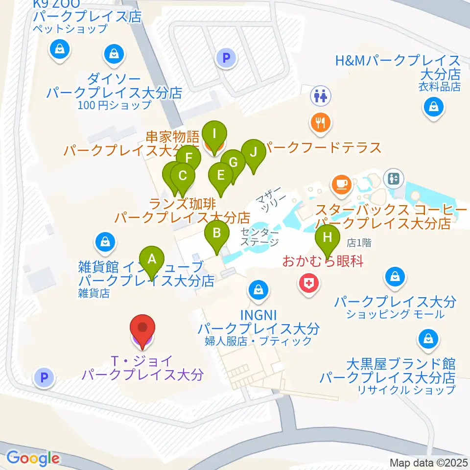 T・ジョイパークプレイス大分周辺のファミレス・ファーストフード一覧地図
