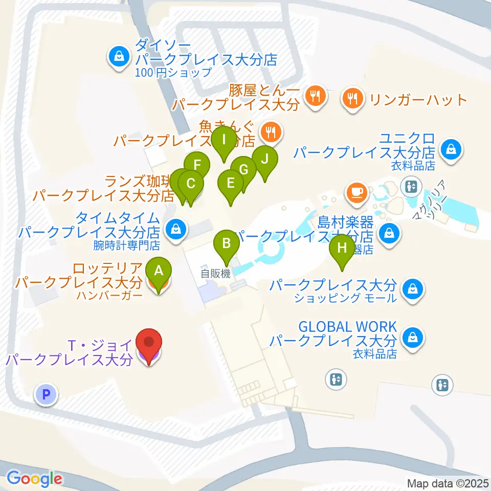 T・ジョイパークプレイス大分周辺のファミレス・ファーストフード一覧地図