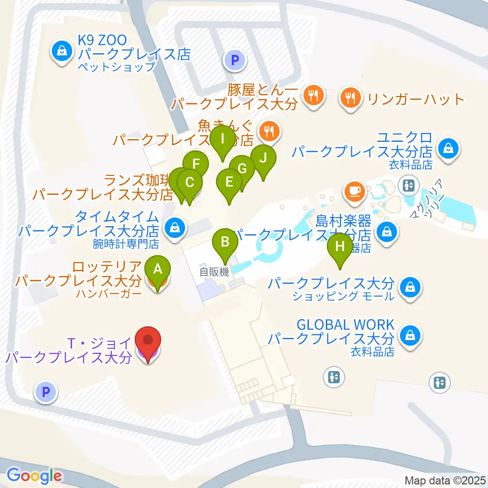 T・ジョイパークプレイス大分周辺のファミレス・ファーストフード一覧地図