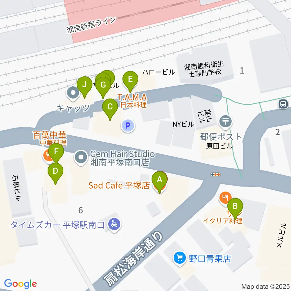 平塚Sad cafe周辺のファミレス・ファーストフード一覧地図