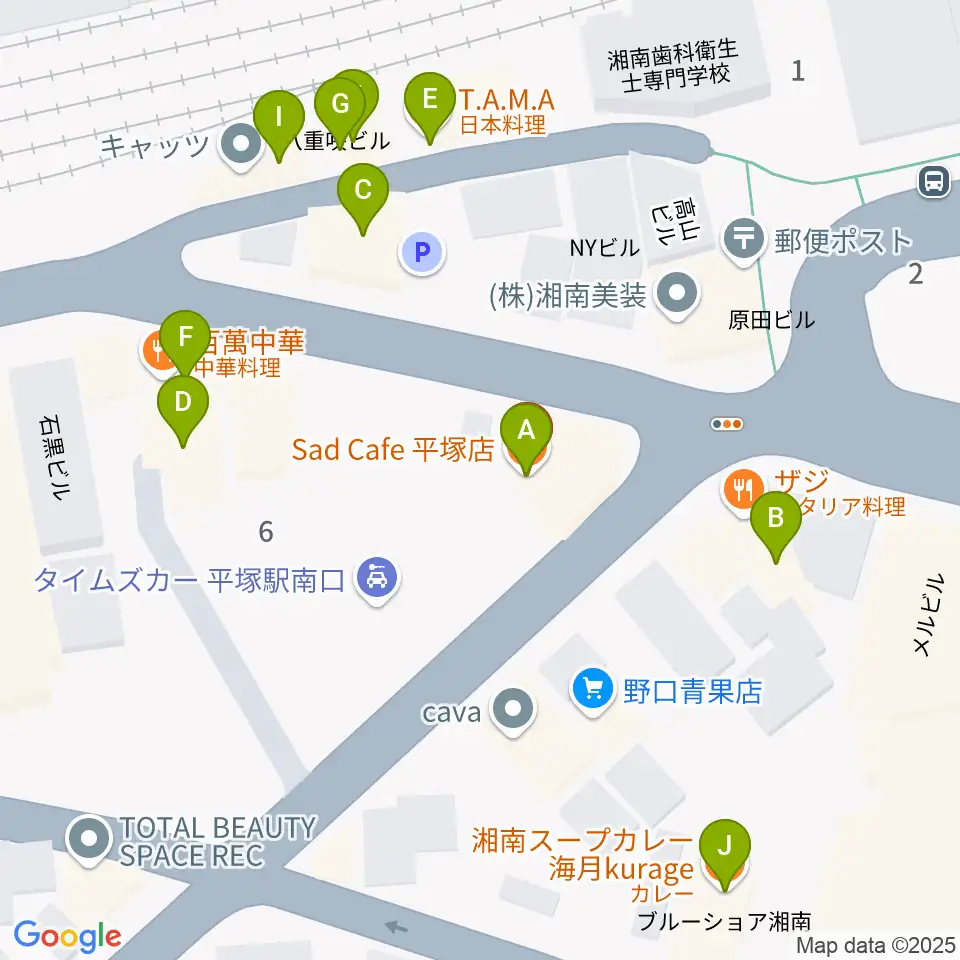 平塚Sad cafe周辺のファミレス・ファーストフード一覧地図
