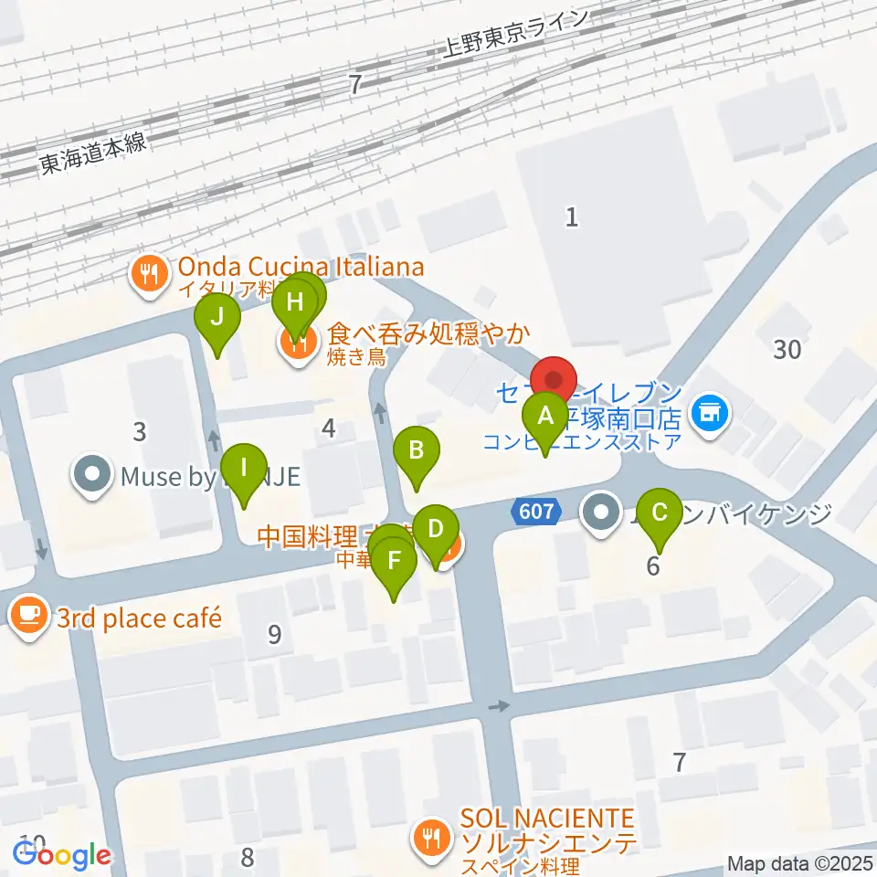 新堀ギター音楽院 平塚教室周辺のファミレス・ファーストフード一覧地図
