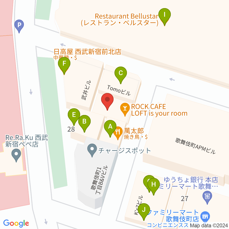 新宿ロックカフェロフト周辺のファミレス・ファーストフード一覧地図