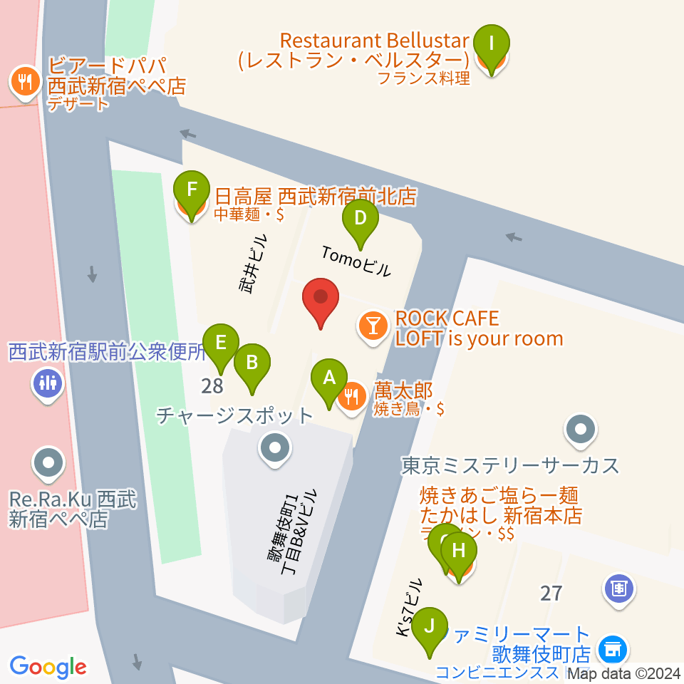 新宿ロックカフェロフト周辺のファミレス・ファーストフード一覧地図