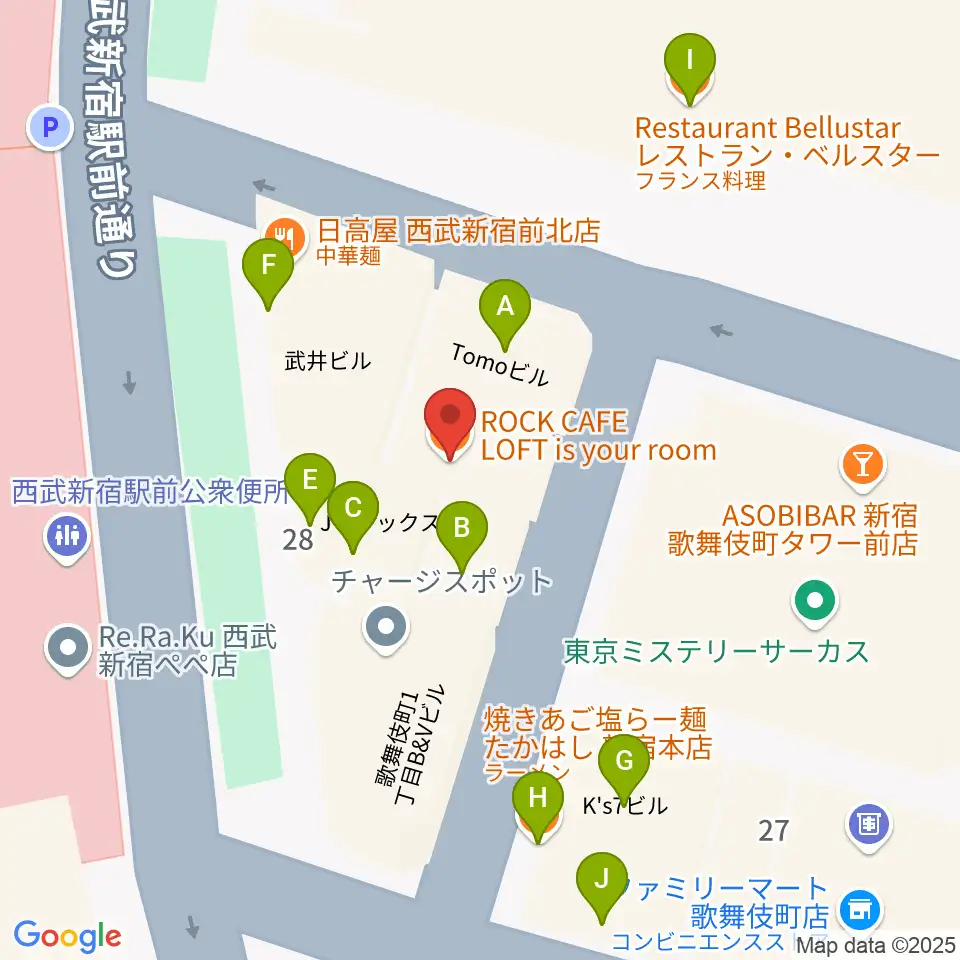 新宿ロックカフェロフト周辺のファミレス・ファーストフード一覧地図