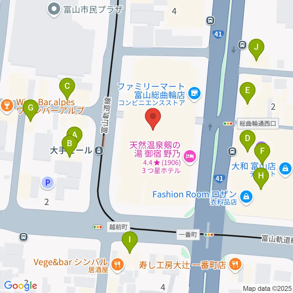JMAXシアターとやま周辺のファミレス・ファーストフード一覧地図