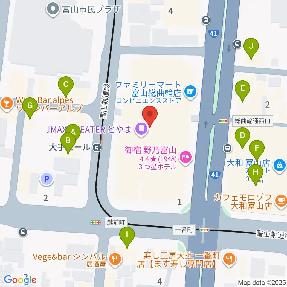 JMAXシアターとやま周辺のファミレス・ファーストフード一覧地図