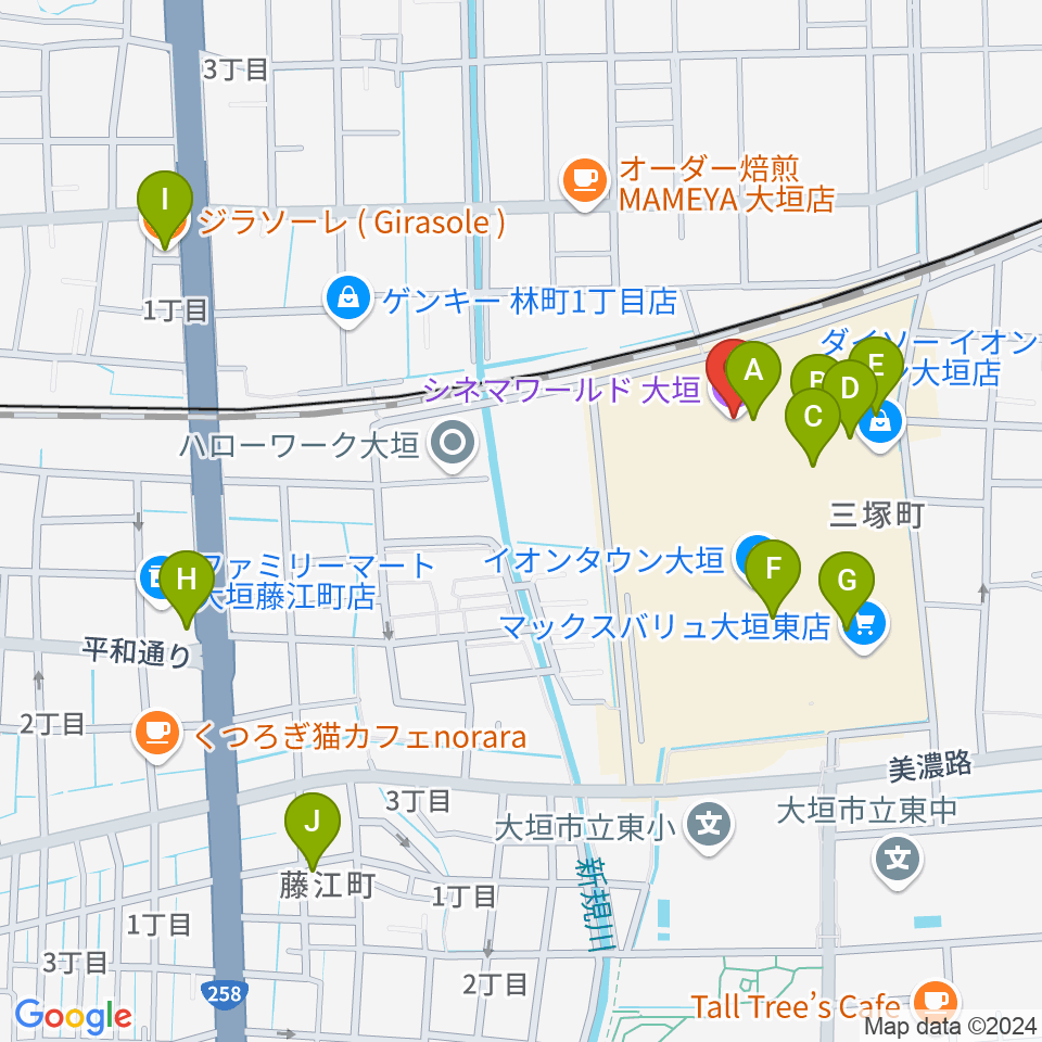 シネマワールド大垣周辺のファミレス・ファーストフード一覧地図