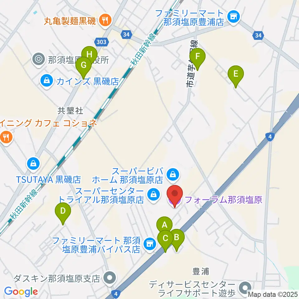 フォーラム那須塩原周辺のファミレス・ファーストフード一覧地図