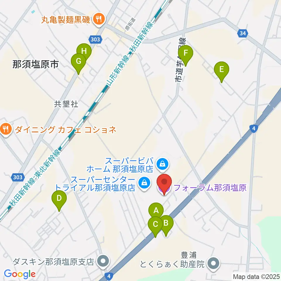 フォーラム那須塩原周辺のファミレス・ファーストフード一覧地図