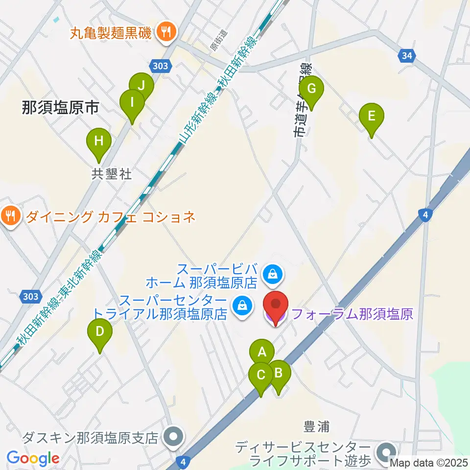 フォーラム那須塩原周辺のファミレス・ファーストフード一覧地図