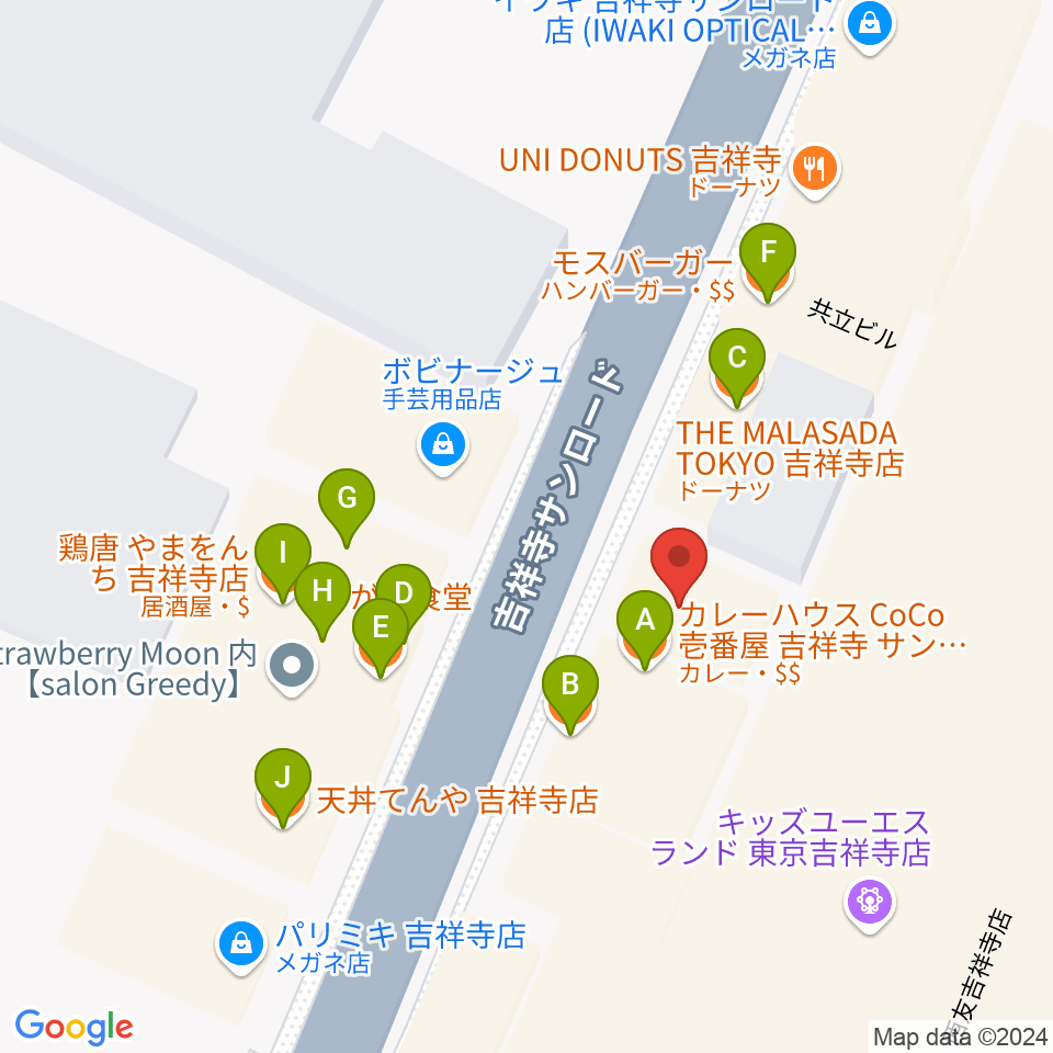 吉祥寺Mojo Cafe周辺のファミレス・ファーストフード一覧地図