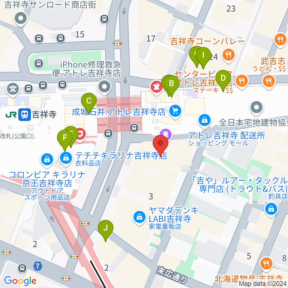 吉祥寺オデヲン周辺のファミレス・ファーストフード一覧地図