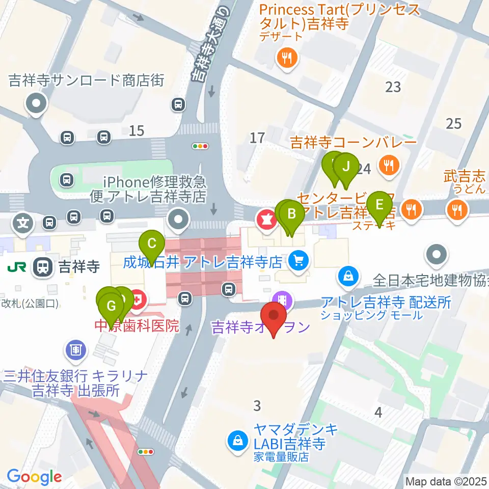 吉祥寺オデヲン周辺のファミレス・ファーストフード一覧地図