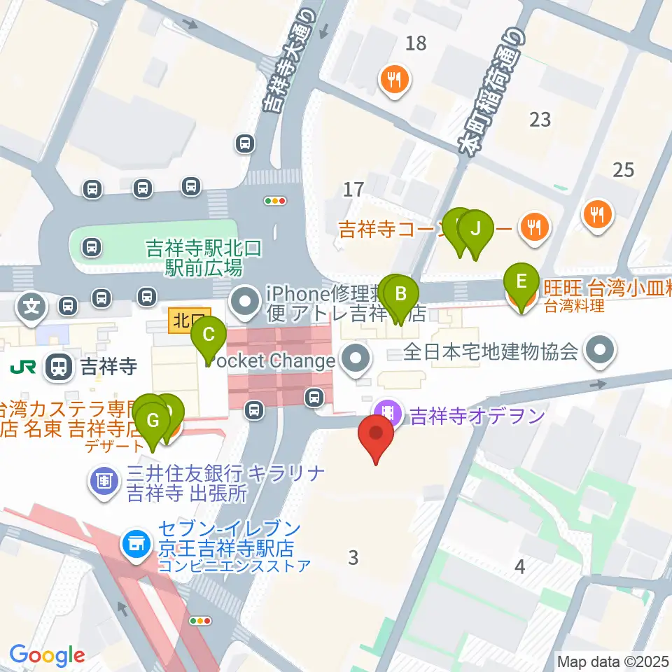 吉祥寺オデヲン周辺のファミレス・ファーストフード一覧地図