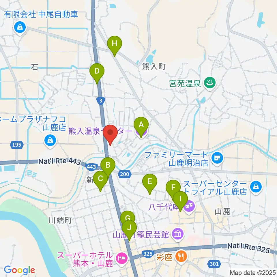 山鹿楽器店 N,Y-MUSIC周辺のファミレス・ファーストフード一覧地図