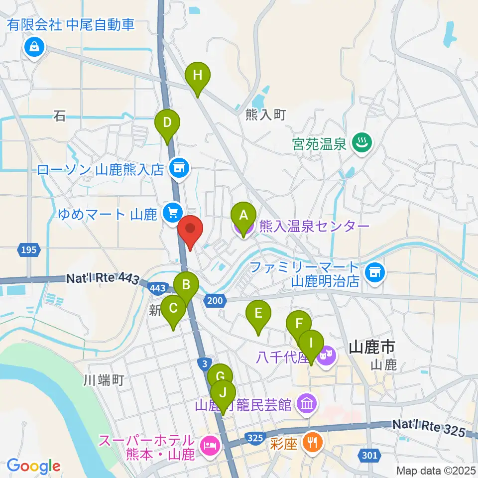 山鹿楽器店 N,Y-MUSIC周辺のファミレス・ファーストフード一覧地図