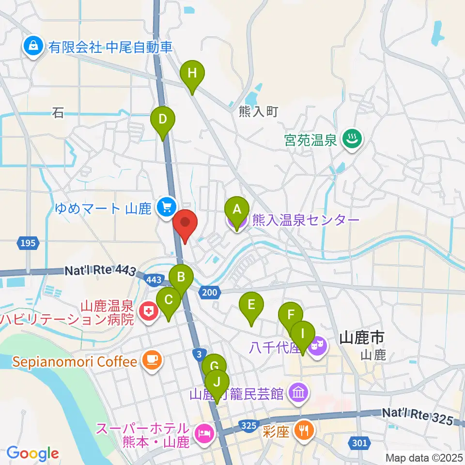 山鹿楽器店 N,Y-MUSIC周辺のファミレス・ファーストフード一覧地図