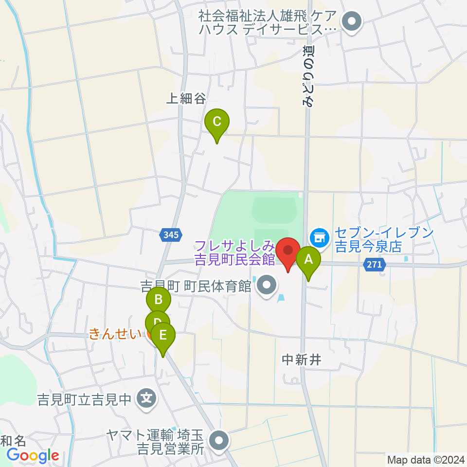 吉見町民会館（フレサよしみ）周辺のファミレス・ファーストフード一覧地図