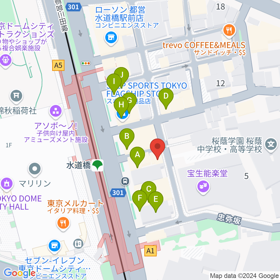 水道橋Ftarri周辺のファミレス・ファーストフード一覧地図