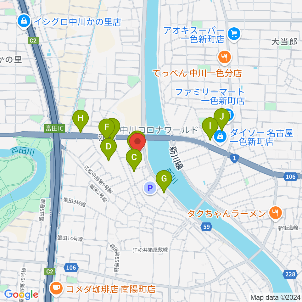 シネマワールド中川周辺のファミレス・ファーストフード一覧地図