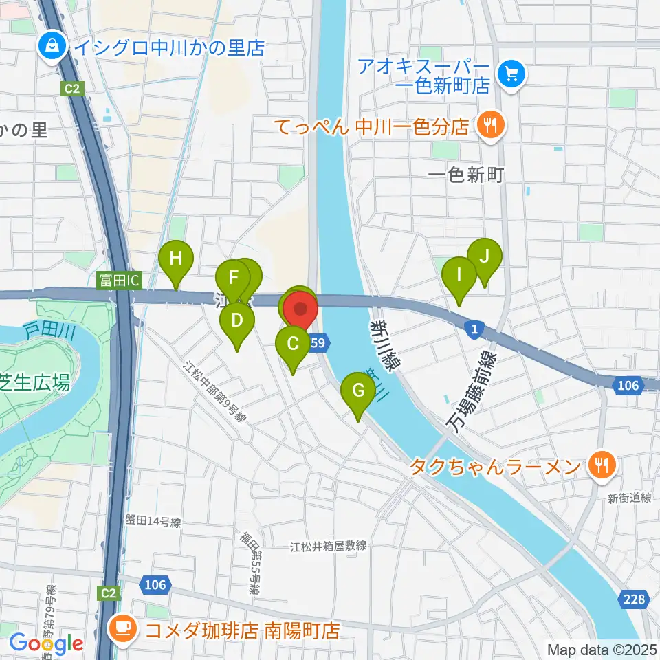 シネマワールド中川周辺のファミレス・ファーストフード一覧地図