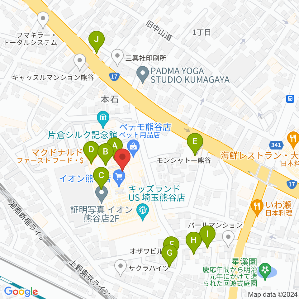 イオンシネマ熊谷周辺のファミレス・ファーストフード一覧地図