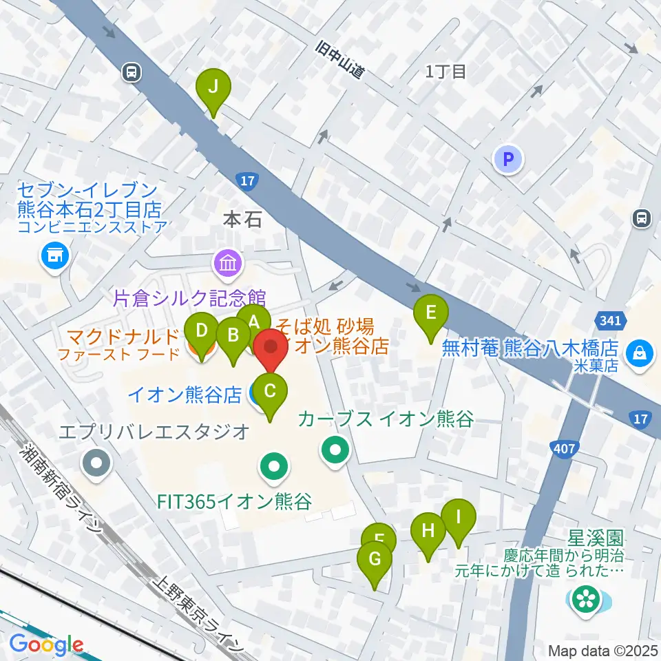 イオンシネマ熊谷周辺のファミレス・ファーストフード一覧地図