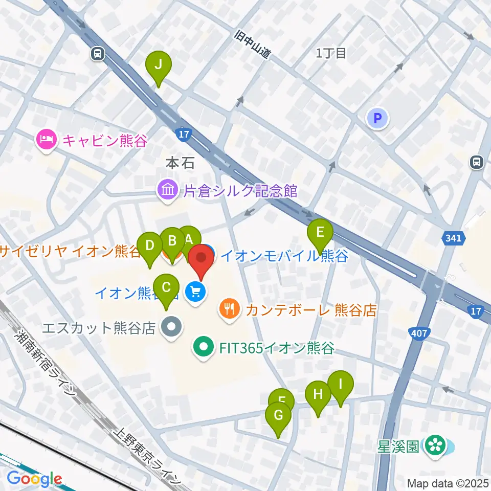イオンシネマ熊谷周辺のファミレス・ファーストフード一覧地図