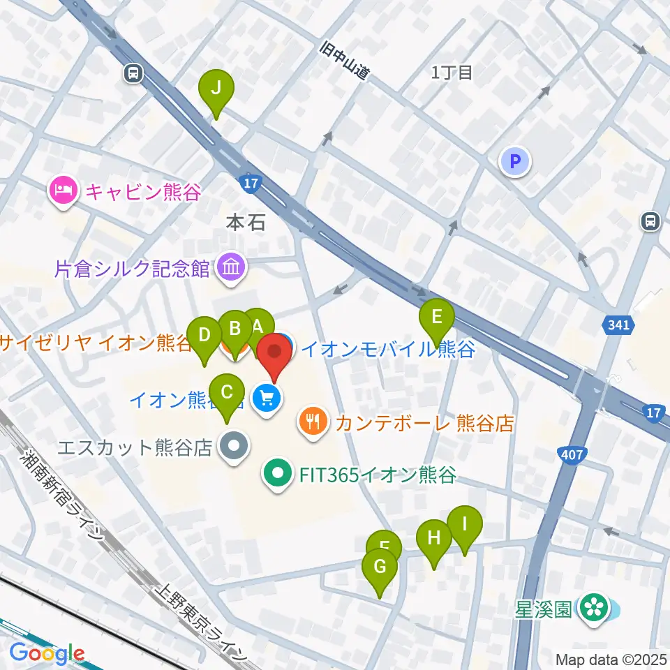イオンシネマ熊谷周辺のファミレス・ファーストフード一覧地図