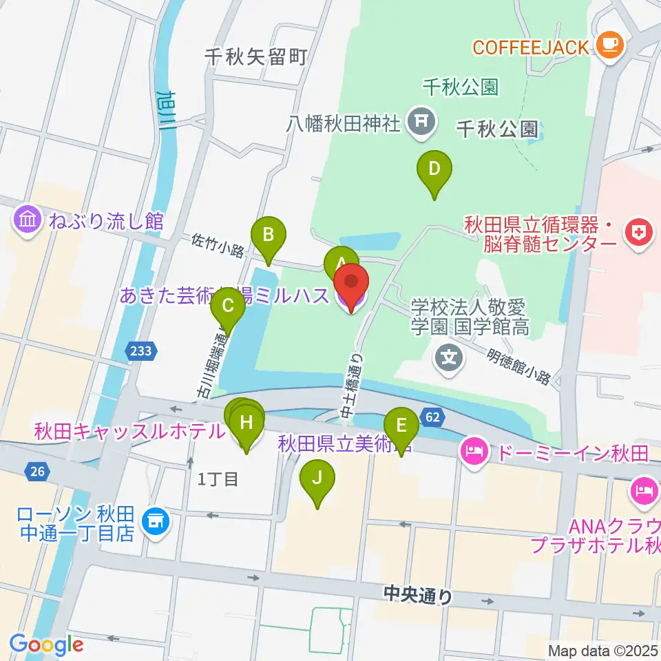 あきた芸術劇場ミルハス周辺のファミレス・ファーストフード一覧地図