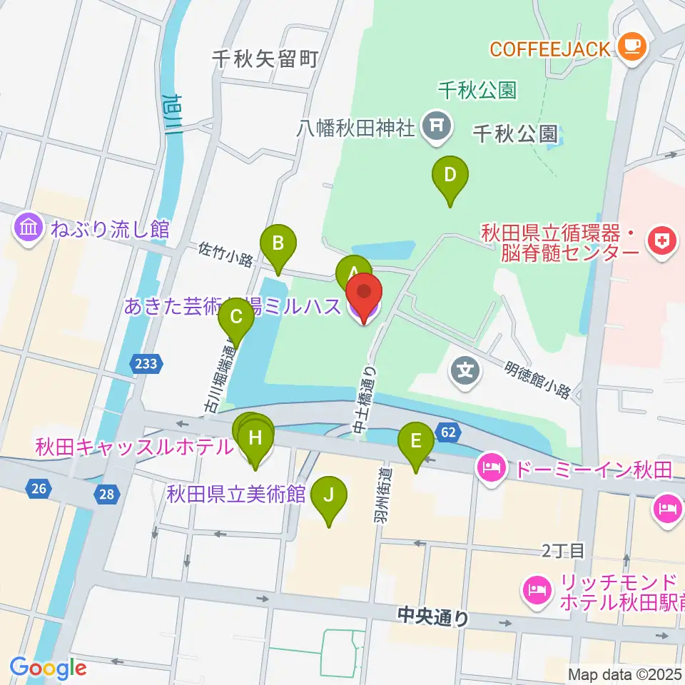 あきた芸術劇場ミルハス周辺のファミレス・ファーストフード一覧地図