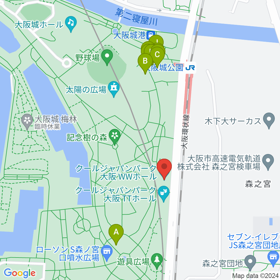 クールジャパンパーク大阪周辺のファミレス・ファーストフード一覧地図