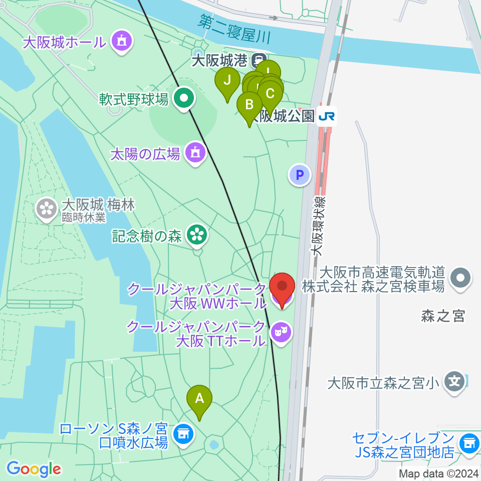 クールジャパンパーク大阪周辺のファミレス・ファーストフード一覧地図